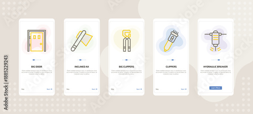 onboarding screen template for construction mobile app ui with big door, inclined ax, big clippers, clippers, hydraulic breaker icons.