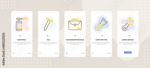 onboarding screen template for building tools mobile app ui with blowtorch, nail, businessman portfolio, scratcher tool, garage wrench icons.