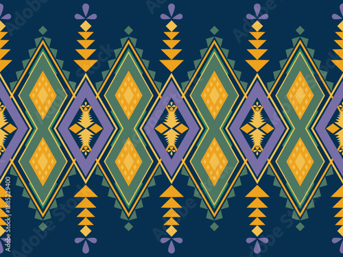 Seamless geometry tribal pattern featuring symmetrical diamond shapes and ethnic motifs on a deep dark background. Designed with decorative elements, bold lines, and contrasting colors including musta