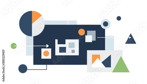 Data analytics processing concept digital information flow pie chart geometric shapes business icon clean look