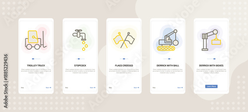 onboarding screen template for construction mobile app ui with trolley truck, stopcock, flags crossed, derrick with ball, derrick with boxes icons.