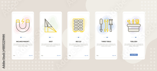 onboarding screen template for construction mobile app ui with inclined magnet, joist, big clo, three tools, tool box icons.