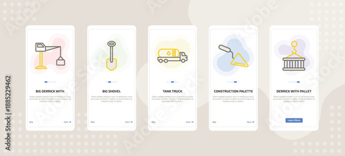 onboarding screen template for construction mobile app ui with big derrick with boxes, big shovel, tank truck, construction palette, derrick with pallet icons.