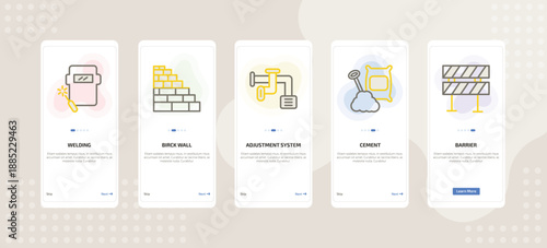 onboarding screen template for construction mobile app ui with welding, birck wall, adjustment system, cement, barrier icons.