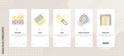 onboarding screen template for construction mobile app ui with brickwall, paver, chisel, wrench and gear, doors open icons.