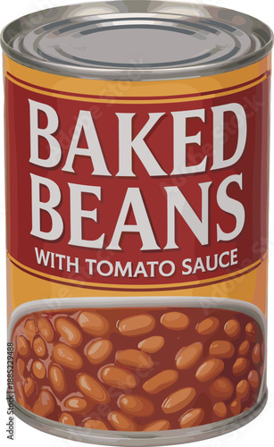 Baked beans can illustration with tomato sauce, realistic food packaging design isolated on white background, canned food concept for grocery, nutrition, cooking, and kitchen use