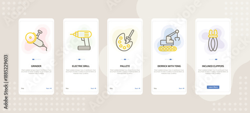 onboarding screen template for construction mobile app ui with grinder, electric drill, pallete, derrick with tong, inclined clippers icons.