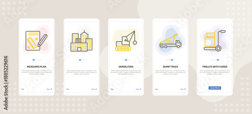 onboarding screen template for construction mobile app ui with measures plan, , demolition, dump truck, trolley with cargo