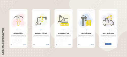 onboarding screen template for construction mobile app ui with inclined picker, adjusment system, derrick with box, constructions, truck with crane icons.