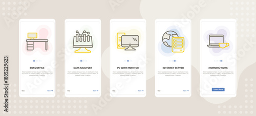 onboarding screen template for computer mobile app ui with boss office, data analyser, pc with monitor, internet server, morning work icons.
