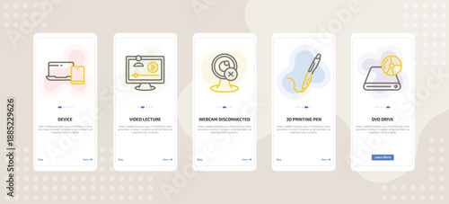 onboarding screen template for computer mobile app ui with device, video lecture, webcam disconnected, 3d printing pen, dvd drive icons.
