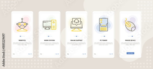 onboarding screen template for computer mobile app ui with robotics, work station, online support, pc tower, mouse device icons.