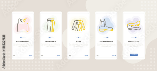 onboarding screen template for clothes mobile app ui with sleeveless shirt, pegged pants, blazer, leather chelsea boots, ballets flats icons.