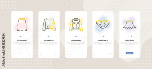 onboarding screen template for clothes mobile app ui with peplum skirt, nylon jacket, denim jacket, underpants, circle skirt icons.