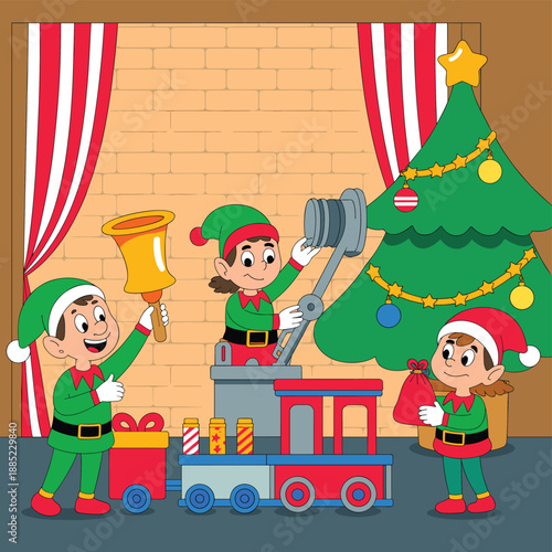 Christmas elves workshop illustration with toy train, gifts, and decorated tree, festive cartoon holiday scene for kids, Santa helpers concept, winter celebration, and joyful seasonal design