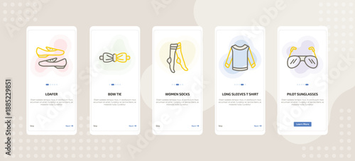 onboarding screen template for clothes mobile app ui with loafer, bow tie, women socks, long sleeves t shirt, pilot sunglasses icons.