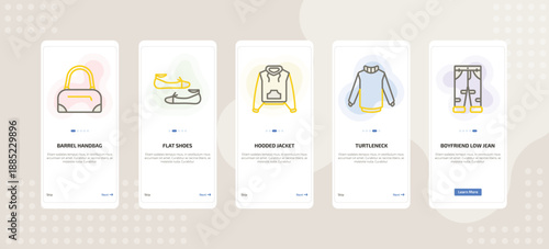 onboarding screen template for clothes mobile app ui with barrel handbag, flat shoes, hooded jacket, turtleneck, boyfriend low jean icons.