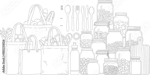 Zero waste lifestyle illustration featuring reusable tote bags groceries metal cutlery reusable water bottle and various glass storage jars filled with dry goods