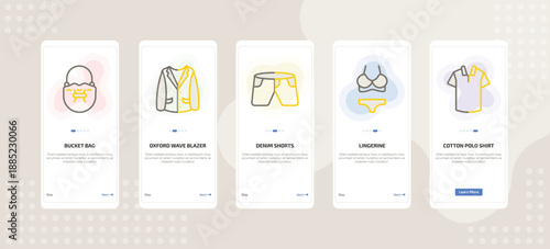 onboarding screen template for clothes mobile app ui with bucket bag, oxford wave blazer, denim shorts, lingerine, cotton polo shirt icons.