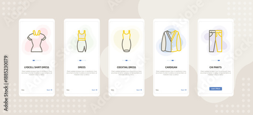 onboarding screen template for clothes mobile app ui with lyocell shirt dress, drees, cocktail dress, cardigan, chi pants icons.