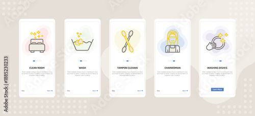 onboarding screen template for cleaning mobile app ui with clean room, wash, tampon cleanin, charwoman, washing dishes icons.