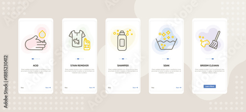 onboarding screen template for cleaning mobile app ui with acid, stain remover, shampoo, soak, broom cleanin icons.