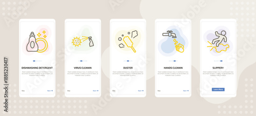 onboarding screen template for cleaning mobile app ui with dishwashing detergent, virus cleanin, duster, hands cleanin, slippery icons.