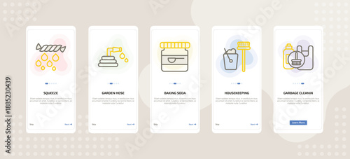 onboarding screen template for cleaning mobile app ui with squeeze, garden hose, baking soda, housekeeping, garbage cleanin icons.
