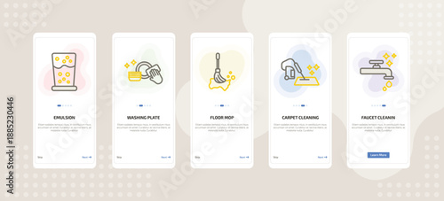onboarding screen template for cleaning mobile app ui with emulsion, washing plate, floor mop, carpet cleaning, faucet cleanin icons.