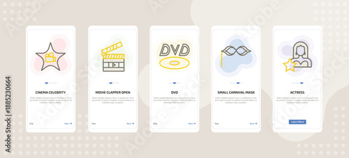 onboarding screen template for cinema mobile app ui with cinema celebrity, movie clapper open, dvd, small carnival mask, actress icons.