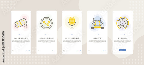 onboarding screen template for cinema mobile app ui with two movie tickets, parental guidance, movie microphone, red carpet, camera lens icons.