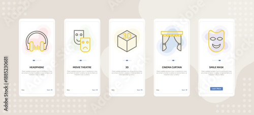 onboarding screen template for cinema mobile app ui with headphone, movie theatre, 3d, cinema curtain, smile mask icons.