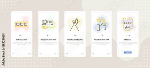 onboarding screen template for cinema mobile app ui with film negatives, projector with plug, cinema light source, thumb up with star, sad mask icons.