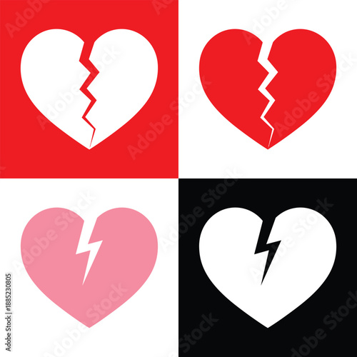 Valentine Broken Heart Icons Red and Pink Heartbreak Set