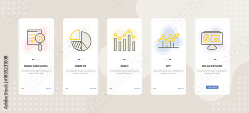 onboarding screen template for business mobile app ui with binary data search, chart pie, graph, dot, online payment icons.