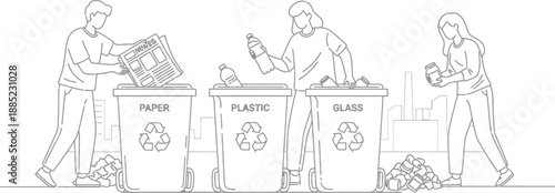 Diverse group of people actively participating in environmental conservation by sorting different types of waste into designated recycling bins for a sustainable future.