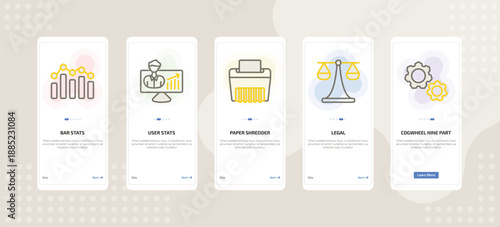 onboarding screen template for business mobile app ui with bar stats, user stats, paper shredder, legal, cogwheel hine part icons.