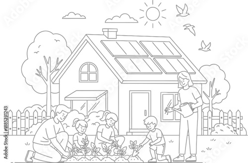 Family happily working together planting seedlings in their sustainable home garden featuring rooftop solar panels under bright sunshine