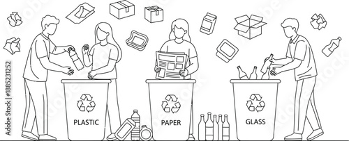 People sorting different types of waste materials like plastic paper and glass into designated recycling bins demonstrating environmental responsibility and conservation efforts