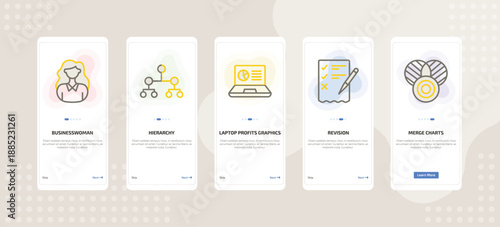 onboarding screen template for business mobile app ui with businesswoman, hierarchy, laptop profits graphics, revision, merge charts icons.