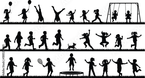 Children silhouettes playing outdoors, kids running jumping swinging and having fun, active childhood lifestyle, black vector illustration isolated white background