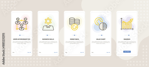 onboarding screen template for business mobile app ui with users interconnected, business skills, money back, value chart, diagram icons.