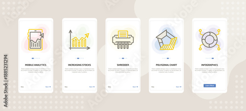onboarding screen template for business mobile app ui with mobile analytics, increasing stocks, shredder, polygonal chart, infographics icons.