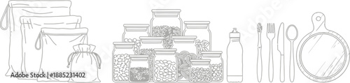 Essential zero waste lifestyle items illustrated including reusable cloth bags various filled glass storage jars cutlery and a cutting board