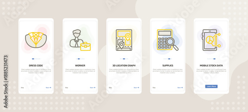 onboarding screen template for business mobile app ui with dress code, worker, 3d location graph, supplies, mobile stock data icons.