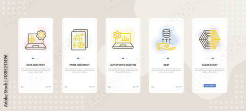 onboarding screen template for business mobile app ui with data analytics, print document, laptop with analysis, debt, radar chart icons.