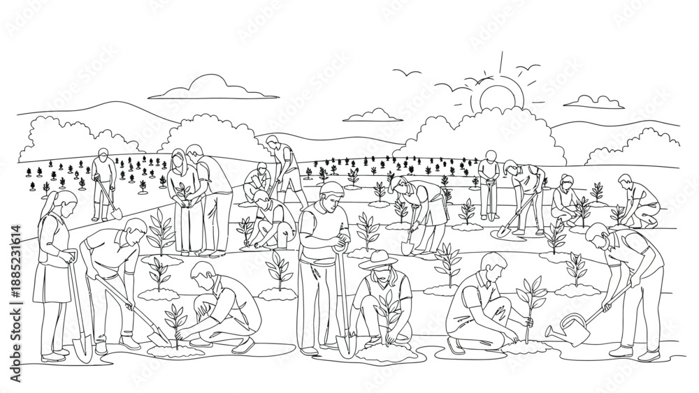 Obraz premium Diverse group of people diligently working together outdoors planting small saplings across a wide field under a bright sunny sky outline drawing.