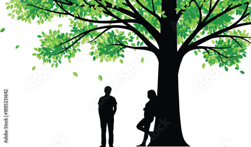 Couple silhouettes standing under green tree, romantic nature scene symbolizing love connection, calm relationship moment, outdoor vector illustration isolated white background