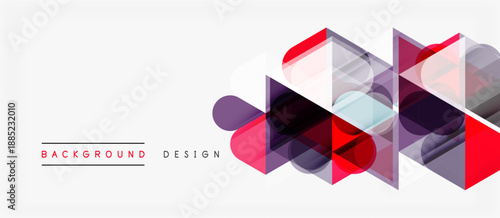 Abstract geometric shapes overlap, creating dynamic visual effect. Red, purple hues dominate white background. Modern design element.