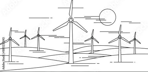 Stylized black and white line art illustration depicts a row of modern wind turbines generating renewable energy across rolling hills under a bright sun.
